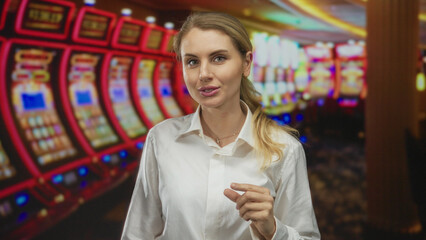 Woman in a casino gesturing small size beside slot machines, wearing a white blouse, showcasing a lively indoor gaming environment filled with vibrant lights and excitement.