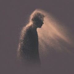 Obraz premium Silhouetted figure composed of dispersed particles against a dark background, evoking a sense of fragmentation or transformation.