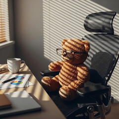 A teddy bear, wearing glasses, sits thoughtfully in an office chair, bathed in sunlight streaming through blinds.