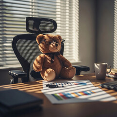 A teddy bear wearing glasses sits at a desk, appearing to work.