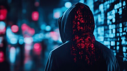 Anonymous hacker with digital patterns, cyber security in the network