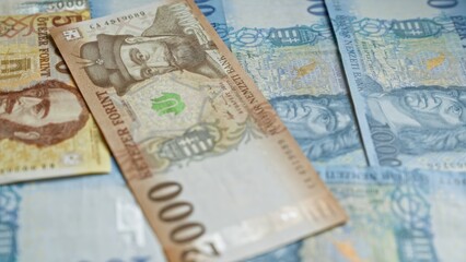 Hungarian banknotes featuring various denominations and historical figures, showcasing currency from hungary for financial and economic contexts.