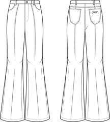 Flared pants front and back technical flat sketch, fashion cad drawing, vector trousers design, sewing pattern, denim pants illustration