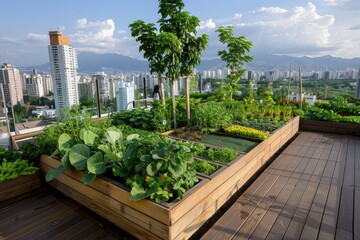 Fototapeta premium Urban rooftop garden growing fresh vegetables with city view