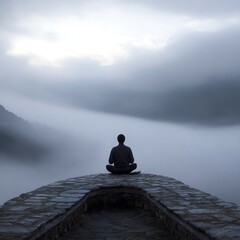 A person meditates alone on a stone platform overlooking a misty, tranquil mountain landscape enveloped in soft clouds.