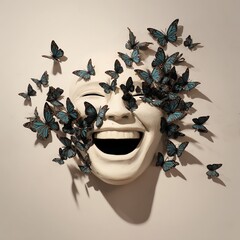 A white smiling face sculpture with numerous blue butterflies emerging and flying around it against a plain beige background.