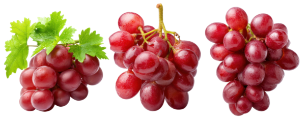 Red grape cluster isolated on transparent background with fresh green leaf and juicy fruit