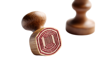 Traditional wooden stamp with a detailed circular impression isolated on transparent background