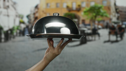Man holding a silver tray outdoors in a city street with blurred background showing people and buildings, suggesting urban dining experience.