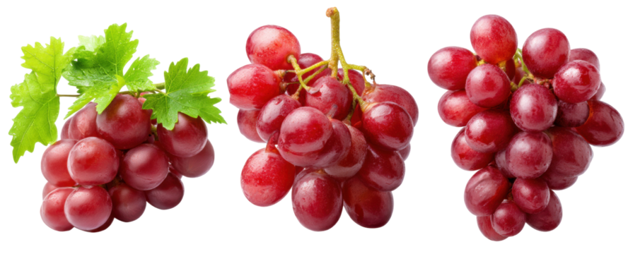 Red grape cluster isolated on transparent background with fresh green leaf and juicy fruit