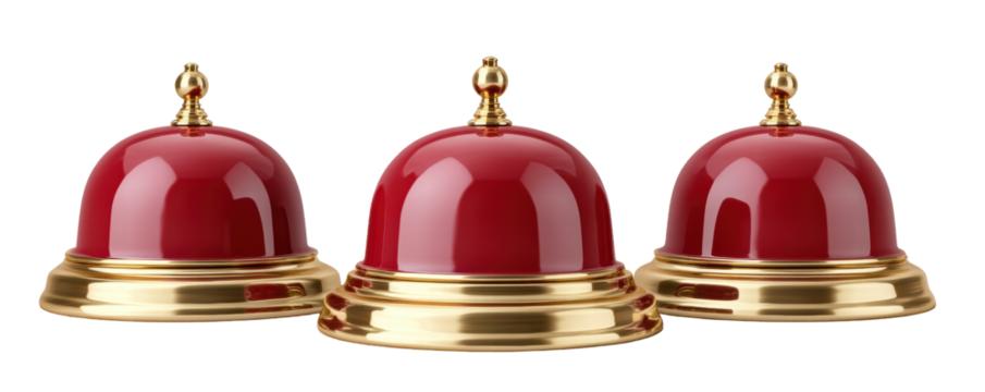 Red service bell isolated on transparent background with shiny gold base and smooth surface