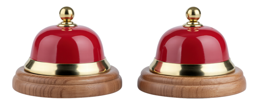 Red service bell isolated on transparent background with wooden base and shiny metal