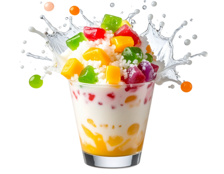 Filipino Halo-Halo Dessert Splash with Shaved Ice and Colorful Jellies in Glass, Isolated on Transparent Background PNG