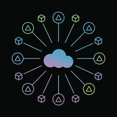 Abstract Network Graphic Pastel Blue Purple Green Cubes Triangles Connected Lines Decentralized System Cloud Computing Data Storage Dark Background