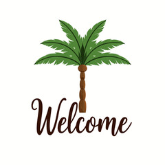Fototapeta premium Cartoon palm tree with welcome text in brown color 