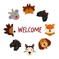 Fototapeta premium Cartoon animal heads with welcome text in a playful design 