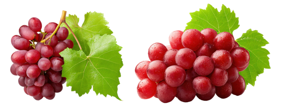 Red grape bunch isolated on transparent background with fresh green leaf and water drops