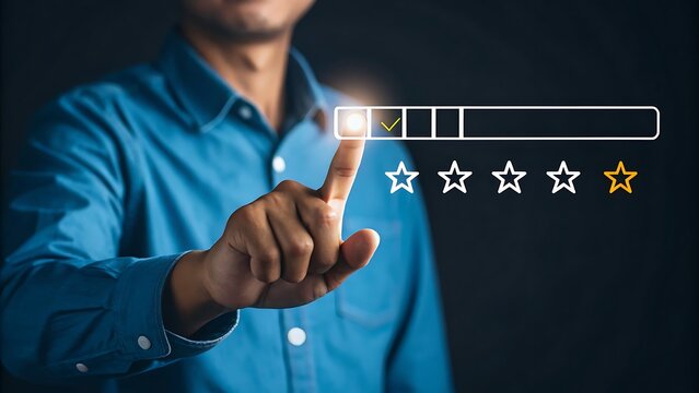 Person Interacting with Digital Interface to Provide Feedback Through Rating System with Progress Indicator.