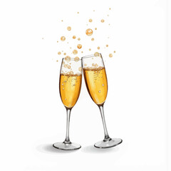 Clinking champagne glasses with bubbles in celebration on white background  