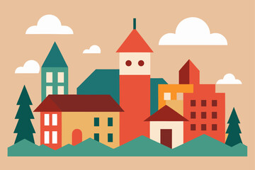 Fototapeta premium Charming Town A Delightful Geometric Village Illustration