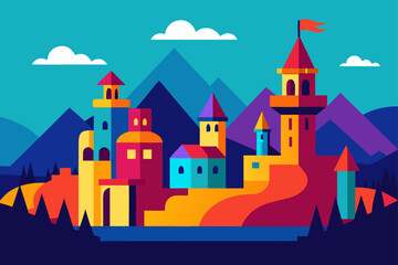 Fototapeta premium Vibrant Castle Town A Colorful Illustration of a Fairytale Kingdom