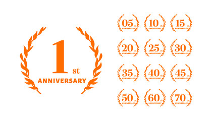 Orange Anniversary Logos 1st to 70th Year Celebrations