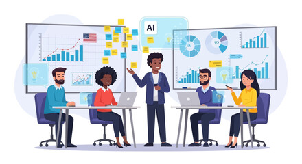 Fototapeta premium Creative business team brainstorming with AI integrations and data charts on a whiteboard for innovative strategies in collaborative workspaces.