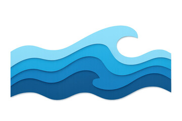 Layered blue paper cut waves creating an abstract ocean or sea background with transparent background