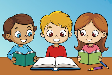 Cartoon Illustration of Kids Reading Together at Desk – Child Characters with Books and School Supplies on Blue Background