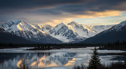 A breathtaking, wide-angle landscape photograph capturing the awe-inspiring grandeur of the Alaska mountain range in pristine wilderness