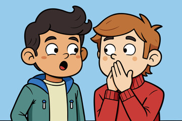 Cartoon Kids Whispering to Each Other &ndash; School Scene with Playful Characters Sharing Secrets