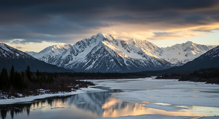 A breathtaking, wide-angle landscape photograph capturing the awe-inspiring grandeur of the Alaska mountain range in pristine wilderness