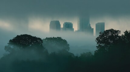 Fototapeta premium A foggy cityscape emerges behind dense trees, blending urban architecture with natural greenery in a misty, atmospheric scene.