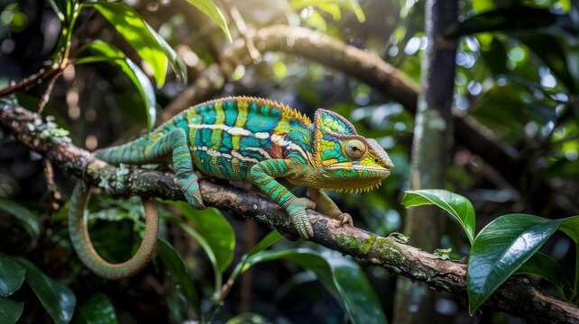 Vibrant chameleon with striking green and blue patterns perched on a mossy tree branch