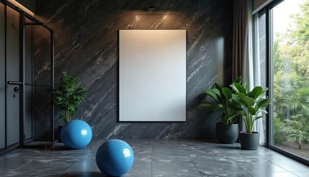 Modern home gym room with large window overlooking rich garden. Gray, brown hues create harmonious atmosphere. White poster on wall focal point. Two blue exercise balls on either side add color,