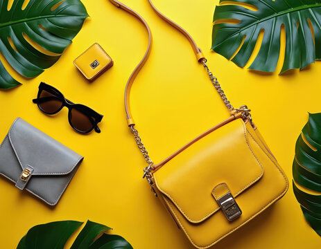 Vibrant scene on sunny yellow wall with three objects representing daily life black umbrella, wallet, yellow purse. Object small accessory black sunglasses, yellow sunglasses, yellow purse with gold