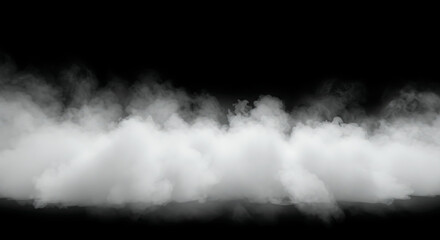 Fototapeta premium A high-definition, ethereal photograph of dense, white-gray smoke mist gracefully settling and accumulating along an unseen horizontal plane, simulating a stage floor