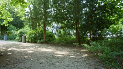Blurred view of a serene park with lush green trees and subtle bokeh, capturing a peaceful and natural outdoor setting with soft, defocused light and vibrant foliage.