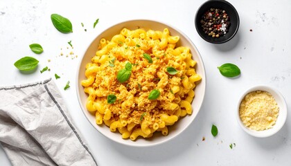 Creamy macaroni pasta baked with a golden breadcrumb topping garnished with fresh basil leaves and accompanied by grated cheese, black pepper, and seasoning spices on a white background