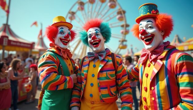 Lively circus scene with three clowns entertaining. Central clown holds hat, others hold red flags. Colorful, whimsical costumes include red bowtie, yellow green striped jackets. Carnival-themed tent