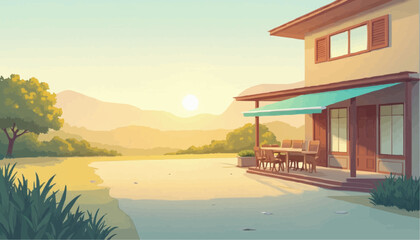 Obraz premium Serene Riverside House with Outdoor Dining Area and Sunset View