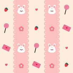 seamless pattern cute cartoon bunny with cute pink stuff. cute animal pattern with stripe background for wallpaper