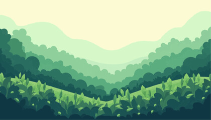 Obraz premium Lush Green Forest Landscape with Rolling Hills and Dense Foliage in Soft Morning Light
