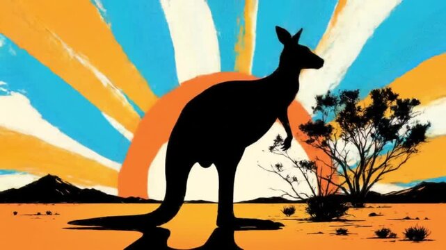 Vector silhouette of a kangaroo in the desert with abstract sun and bush shapes