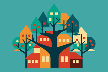 Charming cartoon illustration of a colorful whimsical cityscape with buildings and plants isolated on white background isolated on transparent background