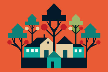 Charming cartoon illustration of a colorful whimsical cityscape with buildings and plants isolated on white background isolated on transparent background