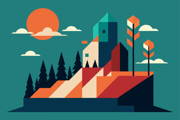 Charming cartoon illustration of a colorful whimsical cityscape with buildings and plants isolated on white background isolated on transparent background