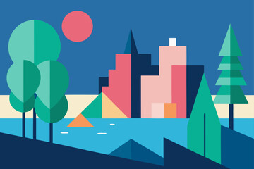 Charming cartoon illustration of a colorful whimsical cityscape with buildings and plants isolated on white background isolated on transparent background