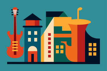 Charming cartoon illustration of a colorful whimsical cityscape with buildings and plants isolated on white background isolated on transparent background