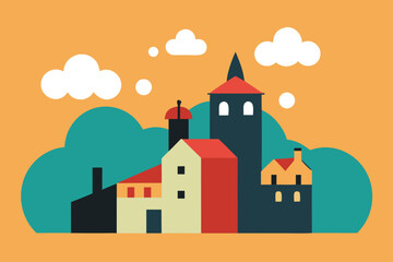 Charming cartoon illustration of a colorful whimsical cityscape with buildings and plants isolated on white background isolated on transparent background